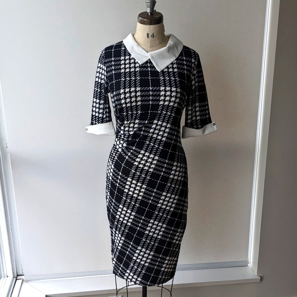 Retro Assymetrical Midi Dress - Black & White Collared